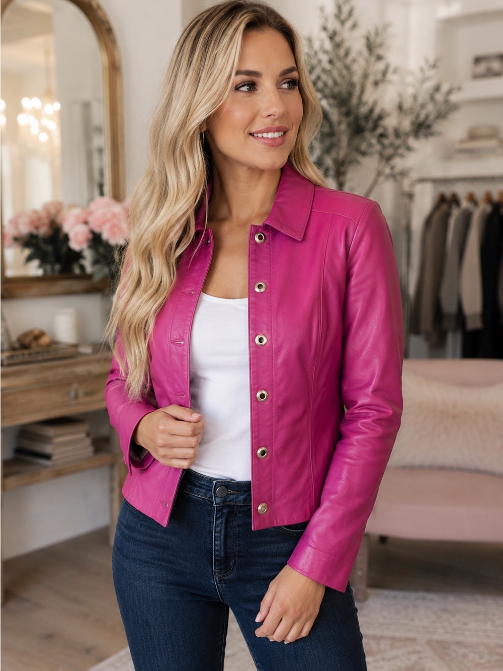 Bernardo Genuine Leather Pink Floral Lined Jacket Women’s M